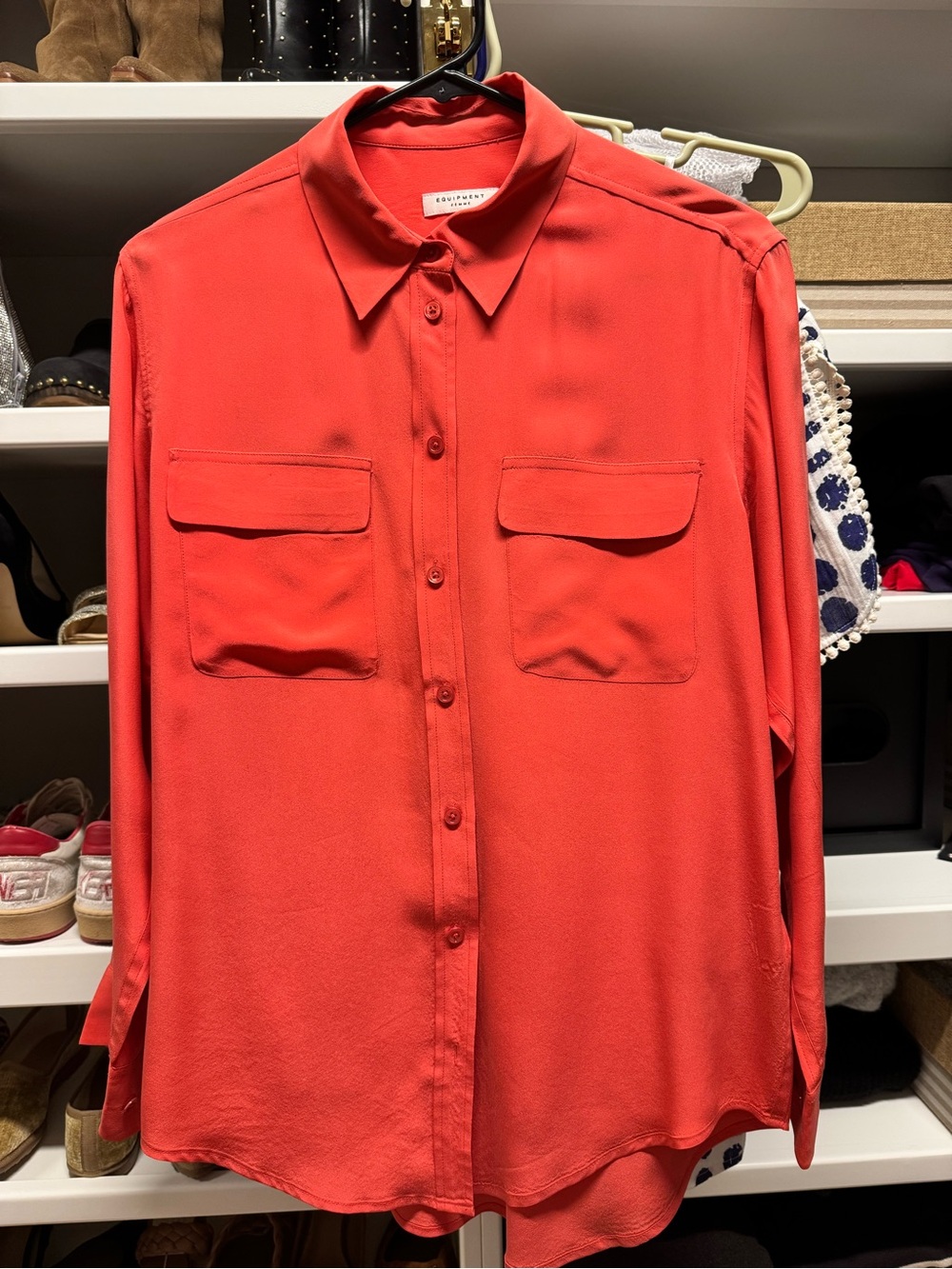 Equipment Coral-Red Button-Down Shirt with Dual Chest Pockets